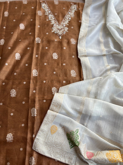 Mocha Mist Soft Kota Silk Suit with V-Neck Handwork & Woven Silk Dupatta