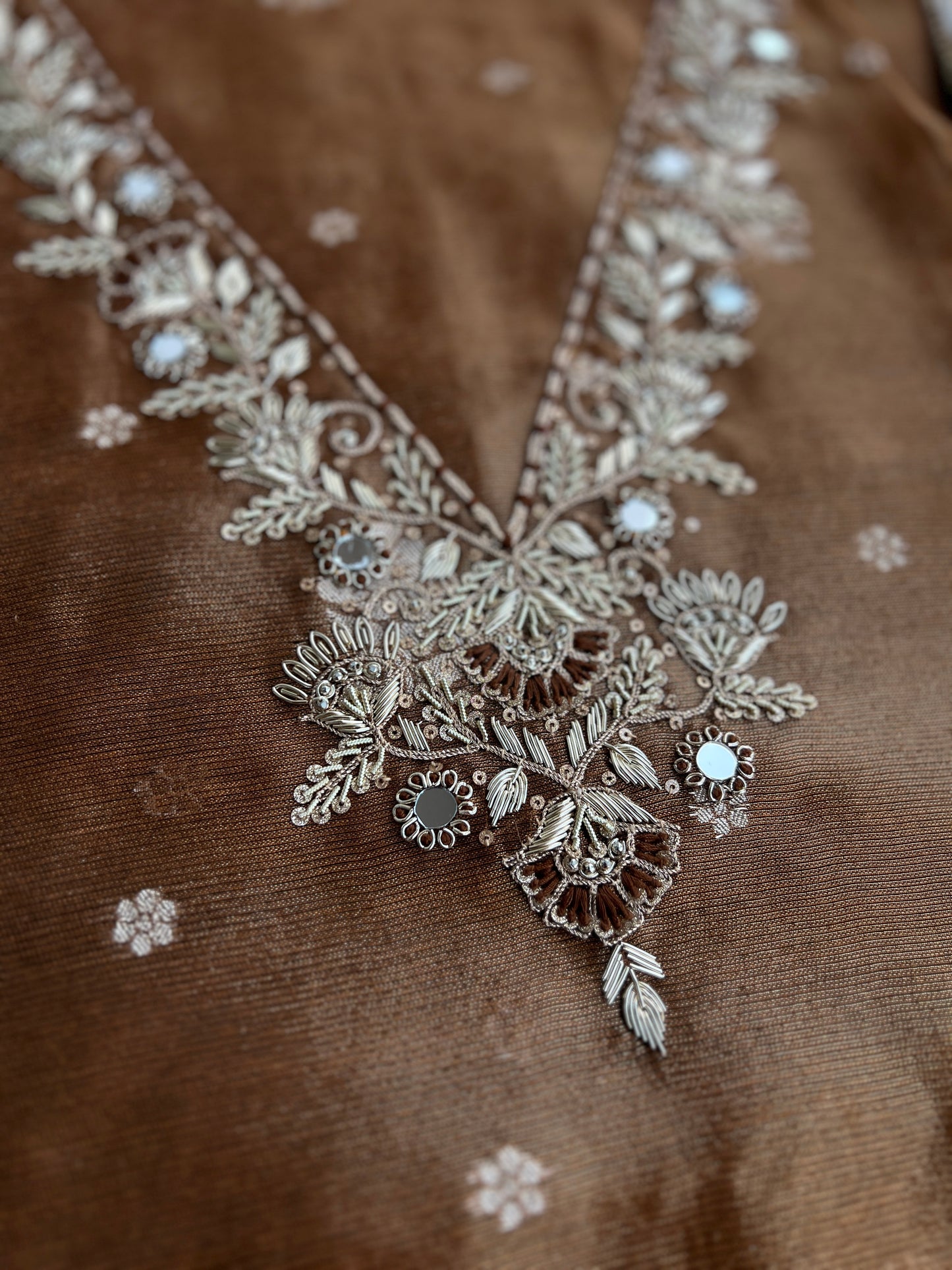 Mocha Mist Soft Kota Silk Suit with V-Neck Handwork & Woven Silk Dupatta