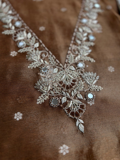 Mocha Mist Soft Kota Silk Suit with V-Neck Handwork & Woven Silk Dupatta