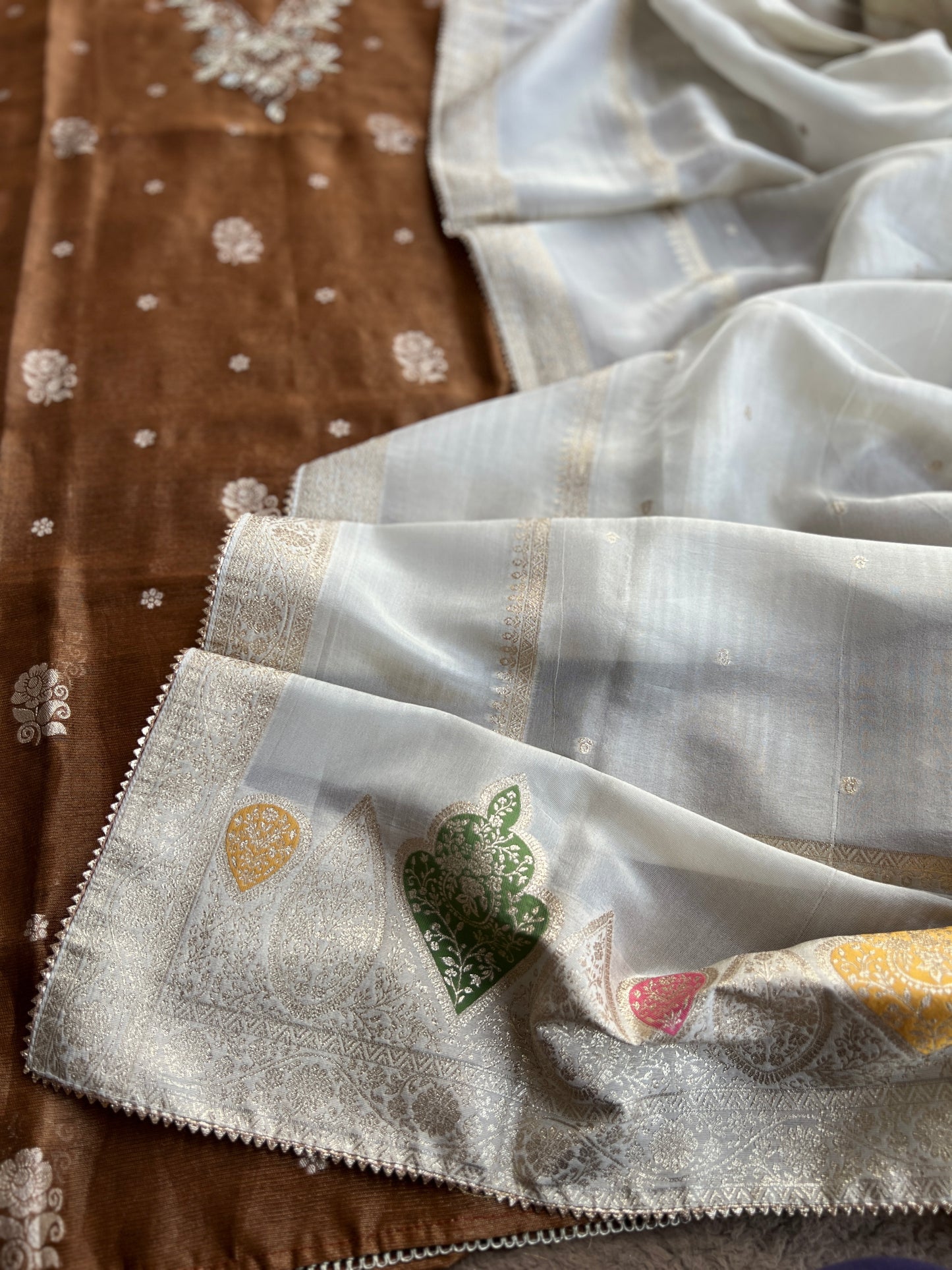 Mocha Mist Soft Kota Silk Suit with V-Neck Handwork & Woven Silk Dupatta