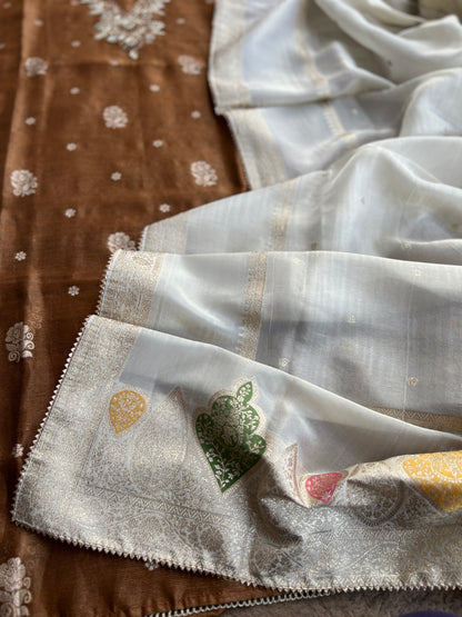 Mocha Mist Soft Kota Silk Suit with V-Neck Handwork & Woven Silk Dupatta