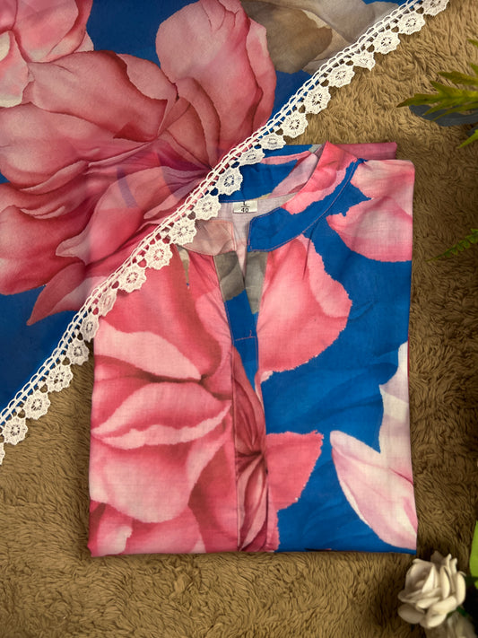 Karachi Style Three-Piece Co-ord Set in Floral Slub Cotton with Lace Detailing
