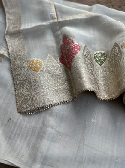 Mocha Mist Soft Kota Silk Suit with V-Neck Handwork & Woven Silk Dupatta