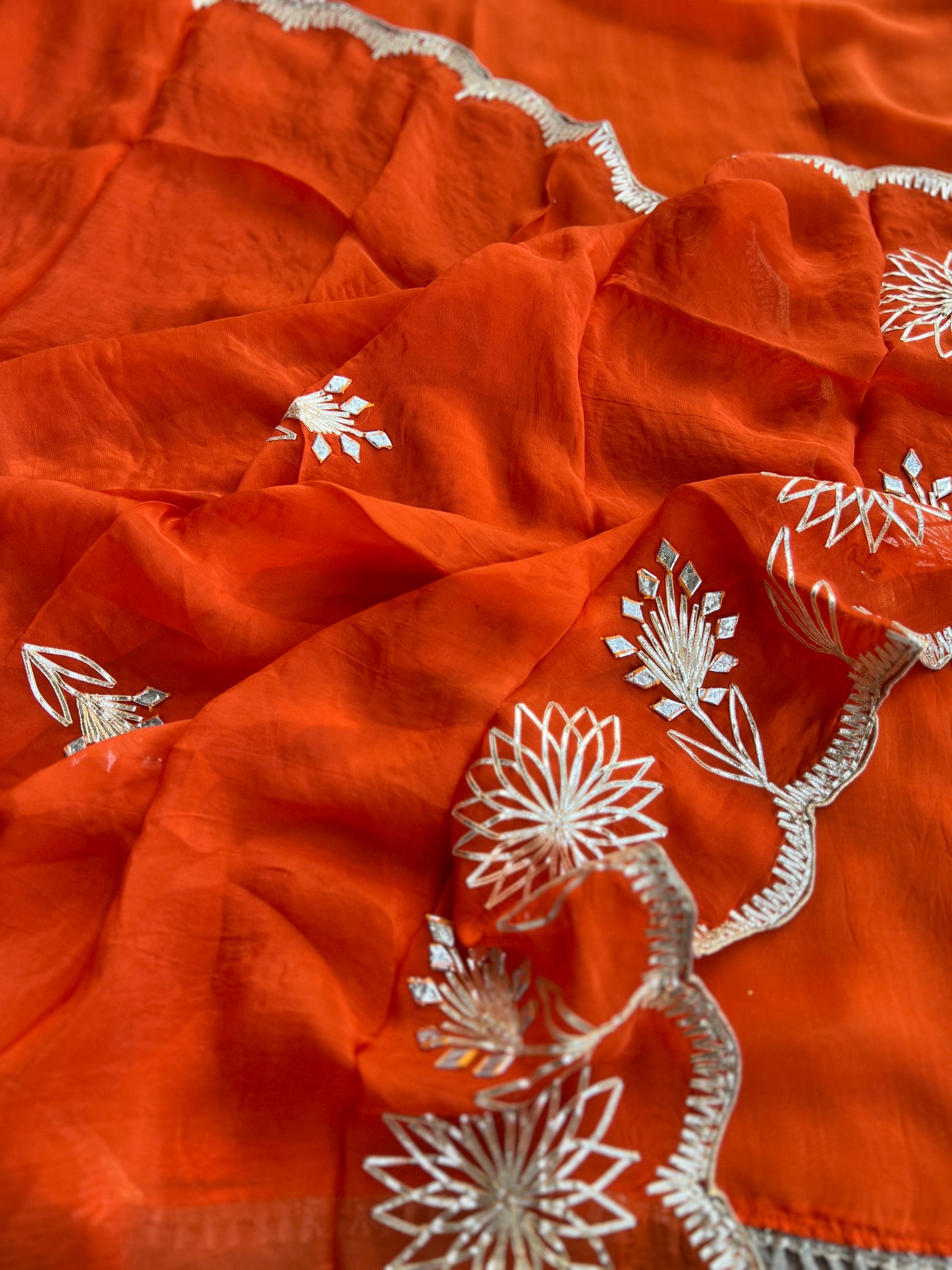 ✨ Tangerine Glow Viscose Organza Suit – With Handworked V-Neck & Gotaphool Dupatta