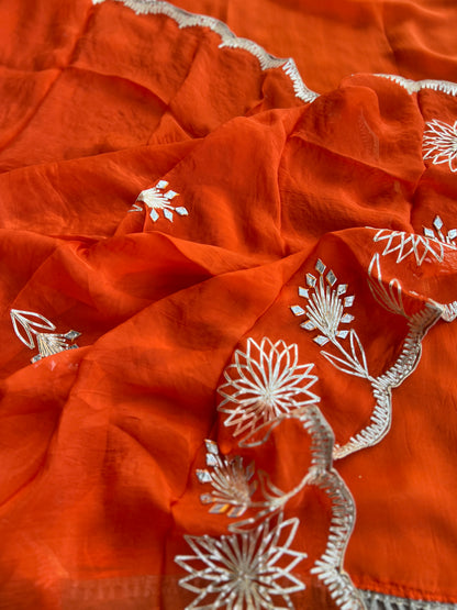 ✨ Tangerine Glow Viscose Organza Suit – With Handworked V-Neck & Gotaphool Dupatta