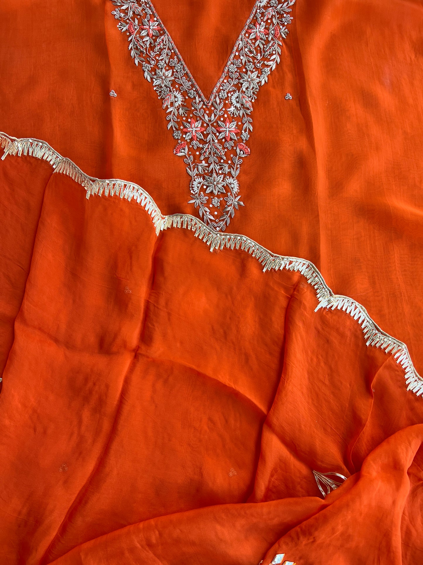 ✨ Tangerine Glow Viscose Organza Suit – With Handworked V-Neck & Gotaphool Dupatta