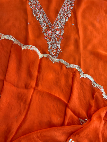 ✨ Tangerine Glow Viscose Organza Suit – With Handworked V-Neck & Gotaphool Dupatta