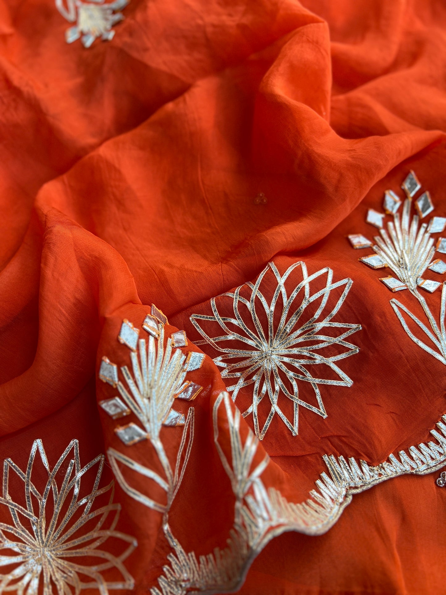 ✨ Tangerine Glow Viscose Organza Suit – With Handworked V-Neck & Gotaphool Dupatta