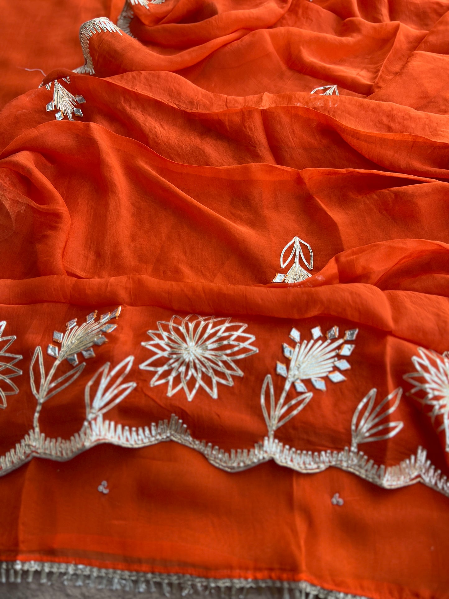 ✨ Tangerine Glow Viscose Organza Suit – With Handworked V-Neck & Gotaphool Dupatta
