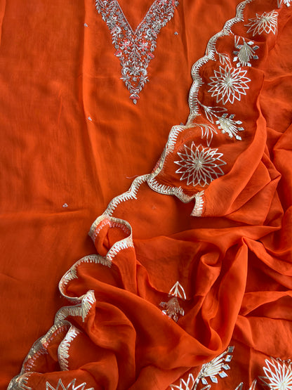 ✨ Tangerine Glow Viscose Organza Suit – With Handworked V-Neck & Gotaphool Dupatta
