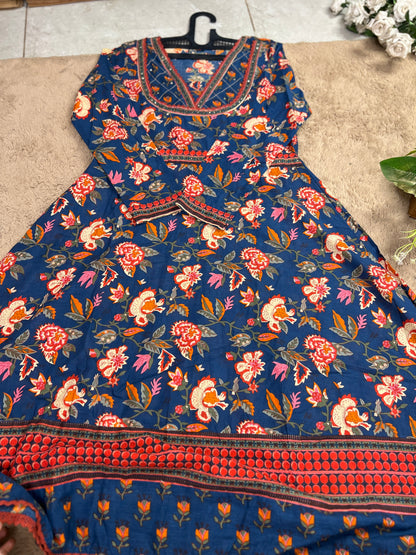 Navy Blue Floral Handblock Cotton Ready to wear Set with Embroidered Neckline