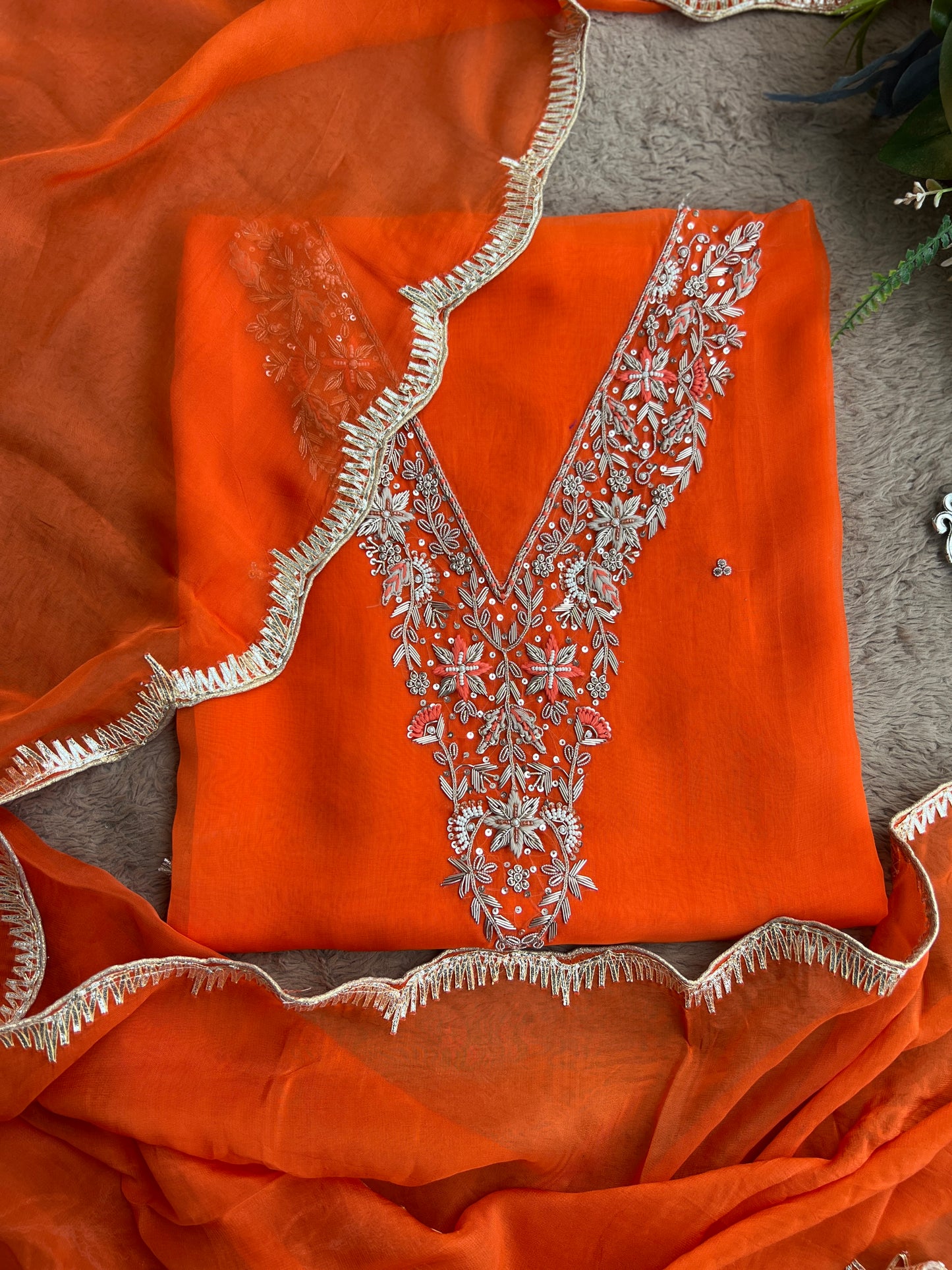 ✨ Tangerine Glow Viscose Organza Suit – With Handworked V-Neck & Gotaphool Dupatta