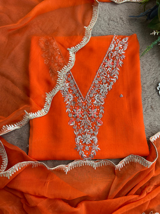 ✨ Tangerine Glow Viscose Organza Suit – With Handworked V-Neck & Gotaphool Dupatta