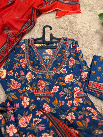 Navy Blue Floral Handblock Cotton Ready to wear Set with Embroidered Neckline