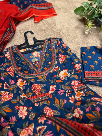 Navy Blue Floral Handblock Cotton Ready to wear Set with Embroidered Neckline