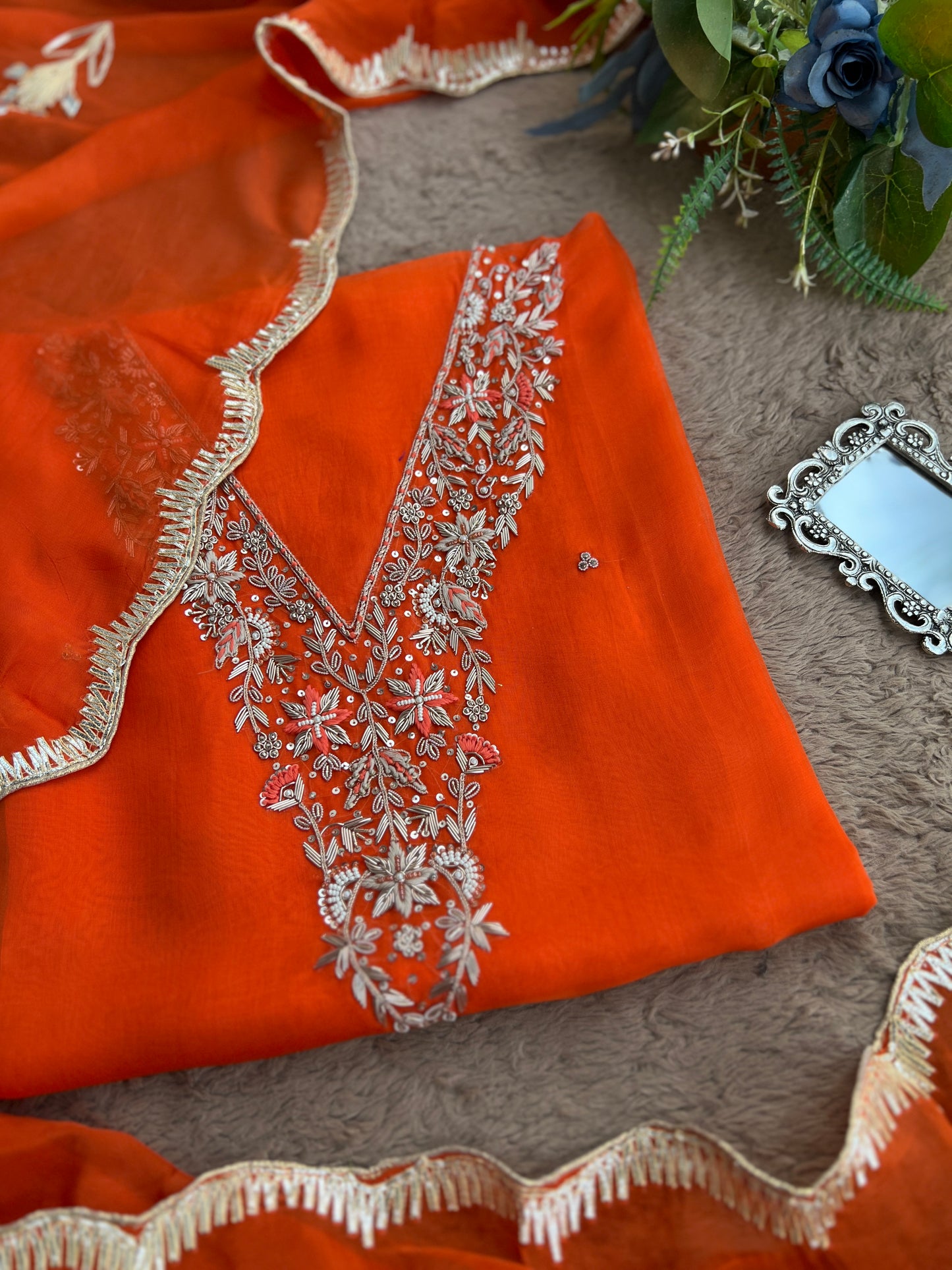 ✨ Tangerine Glow Viscose Organza Suit – With Handworked V-Neck & Gotaphool Dupatta