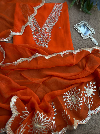 ✨ Tangerine Glow Viscose Organza Suit – With Handworked V-Neck & Gotaphool Dupatta