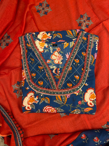 Navy Blue Floral Handblock Cotton Ready to wear Set with Embroidered Neckline