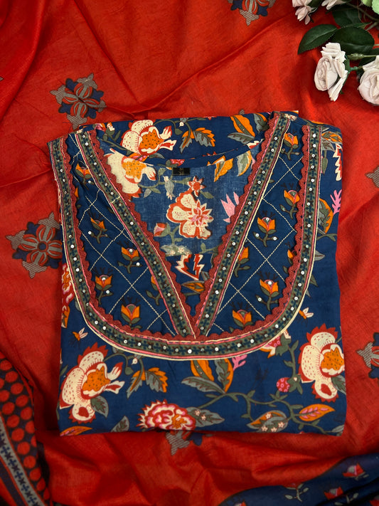 Navy Blue Floral Handblock Cotton Ready to wear Set with Embroidered Neckline