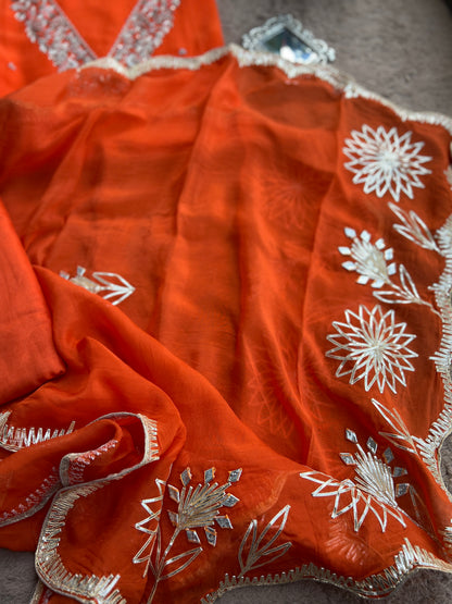 ✨ Tangerine Glow Viscose Organza Suit – With Handworked V-Neck & Gotaphool Dupatta