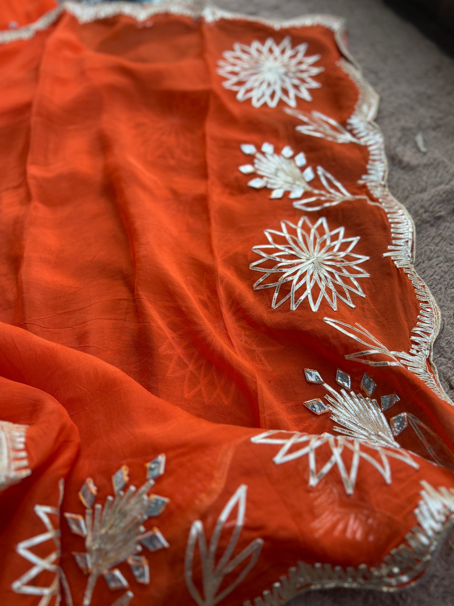 ✨ Tangerine Glow Viscose Organza Suit – With Handworked V-Neck & Gotaphool Dupatta