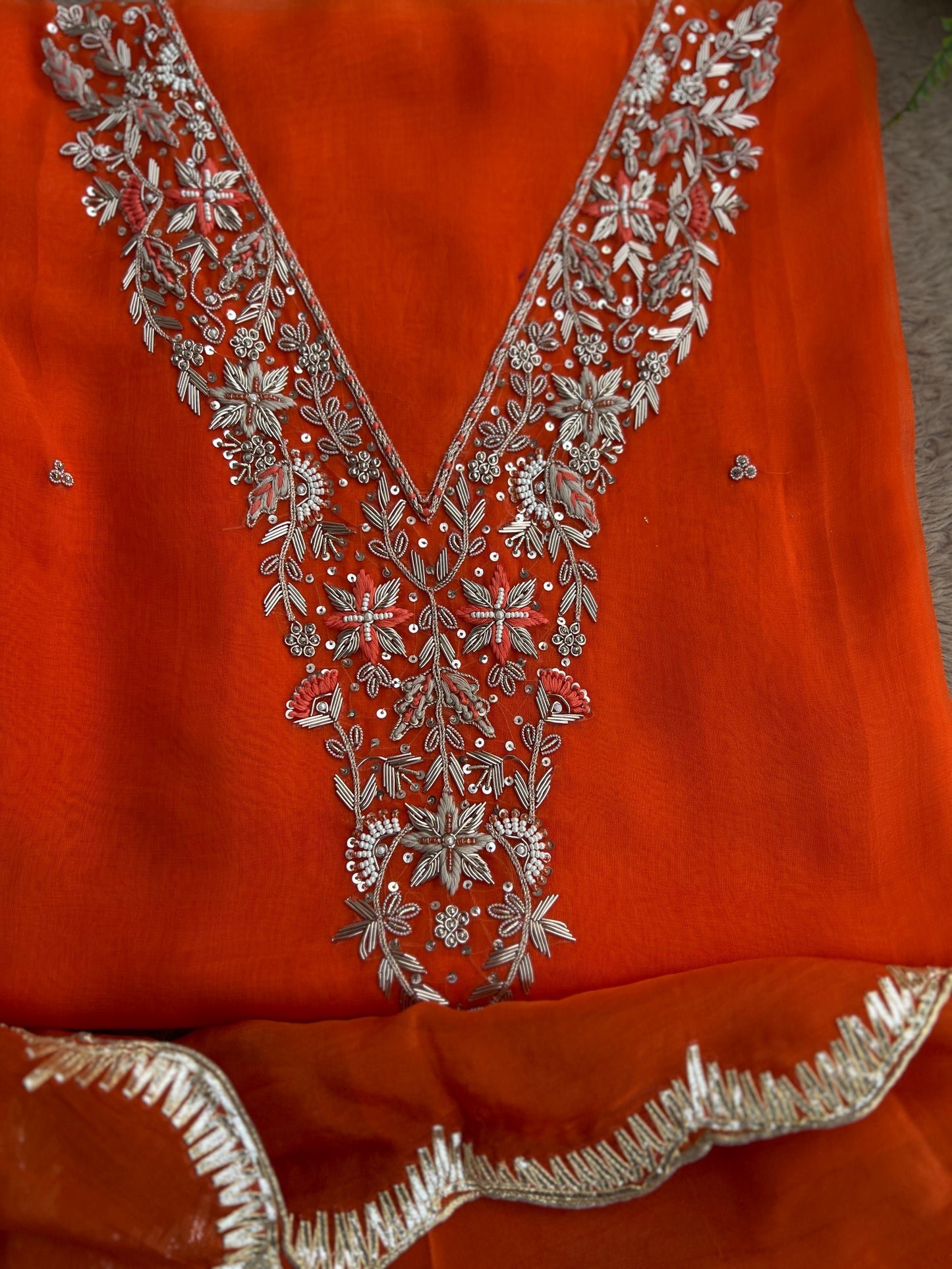✨ Tangerine Glow Viscose Organza Suit – With Handworked V-Neck & Gotaphool Dupatta