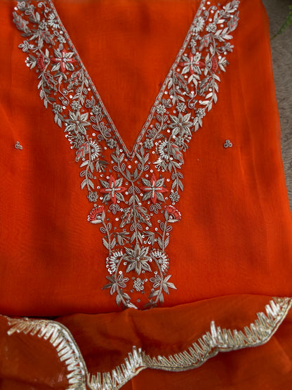✨ Tangerine Glow Viscose Organza Suit – With Handworked V-Neck & Gotaphool Dupatta