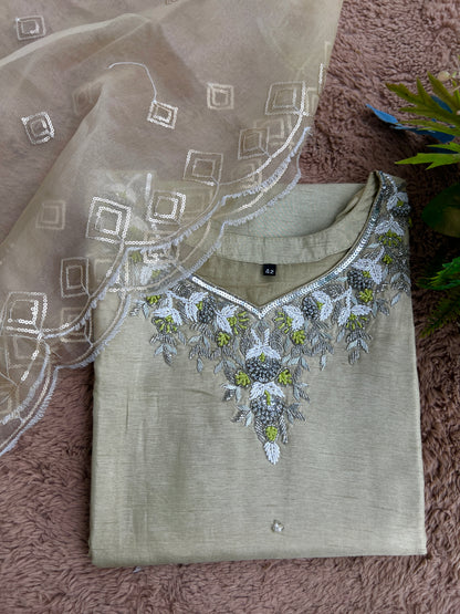 Olive Elegance – Handwork Ready-to-Wear Dola Silk Suit