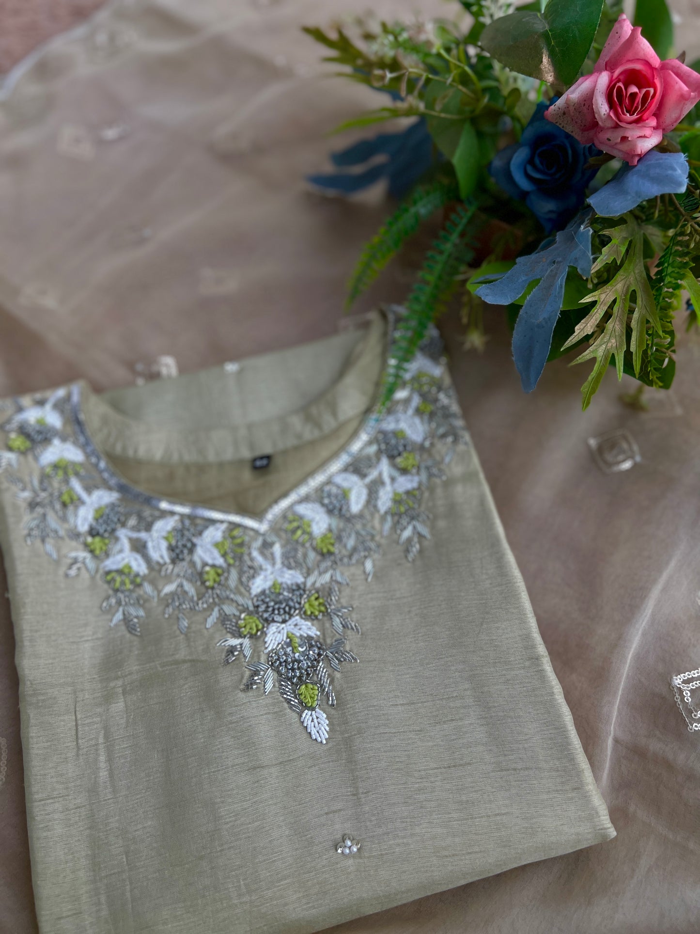 Olive Elegance – Handwork Ready-to-Wear Dola Silk Suit