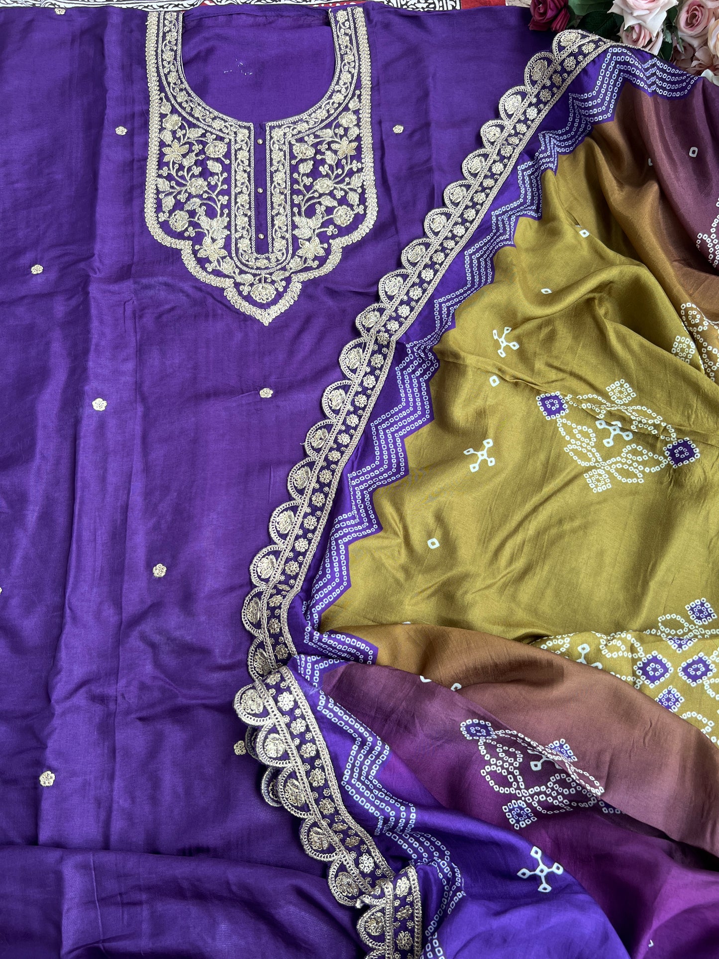 Dori work  Russian Silk suit with Bandhani print Dupatta