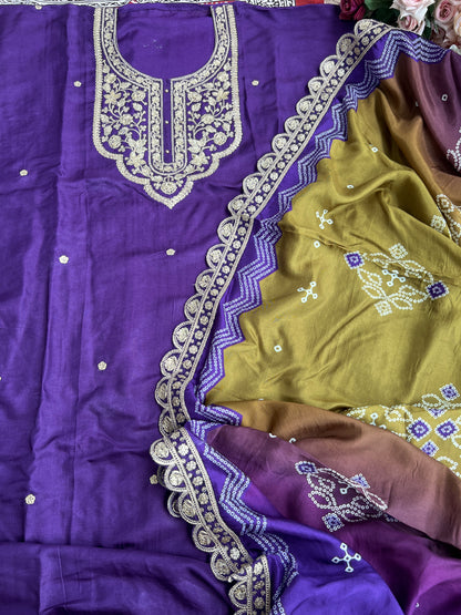 Dori work  Russian Silk suit with Bandhani print Dupatta