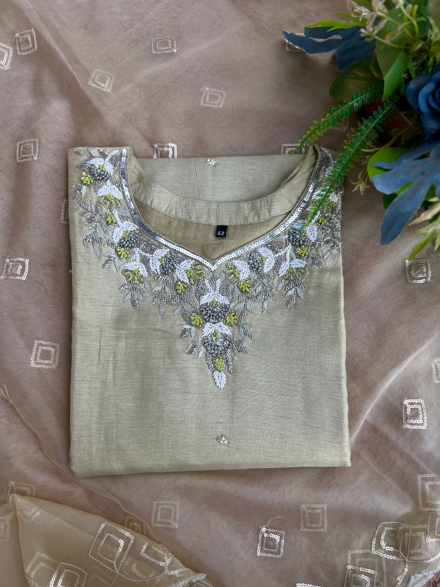 Olive Elegance – Handwork Ready-to-Wear Dola Silk Suit