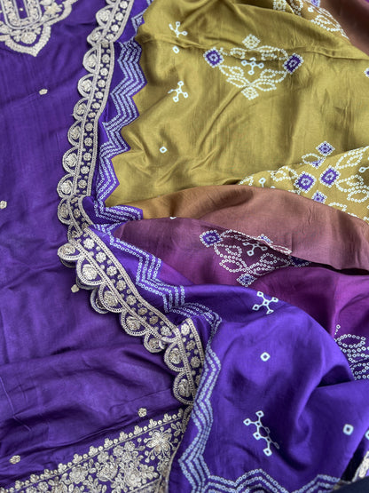 Dori work  Russian Silk suit with Bandhani print Dupatta