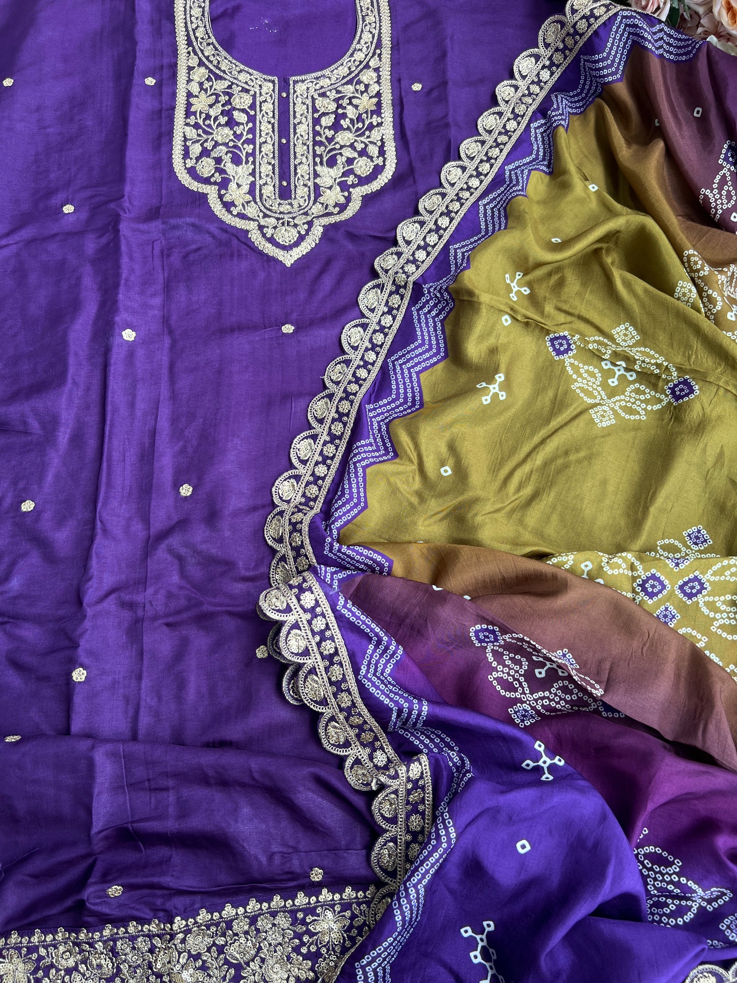 Dori work  Russian Silk suit with Bandhani print Dupatta