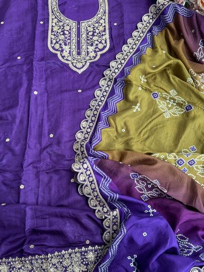 Dori work  Russian Silk suit with Bandhani print Dupatta