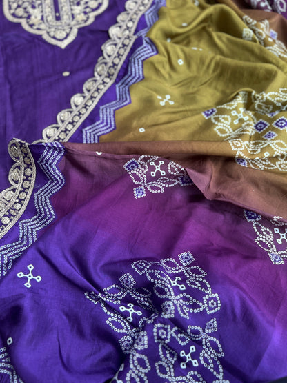 Dori work  Russian Silk suit with Bandhani print Dupatta