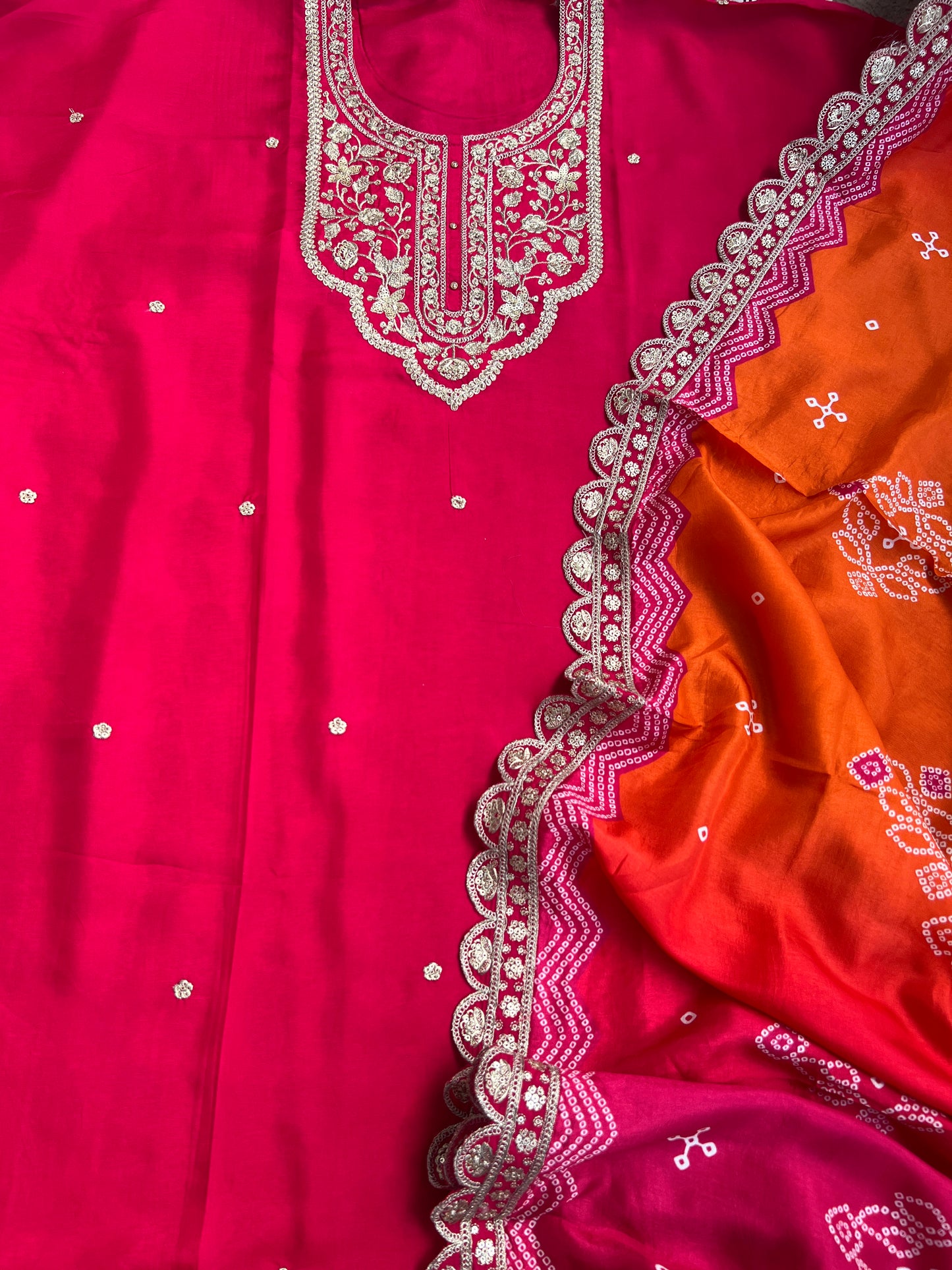 Dori work  Russian Silk suit with Bandhani print Dupatta