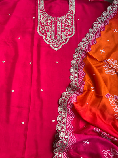 Dori work  Russian Silk suit with Bandhani print Dupatta