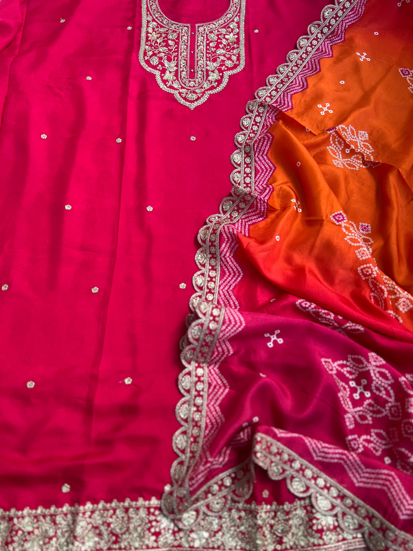 Dori work  Russian Silk suit with Bandhani print Dupatta