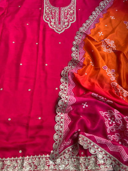 Dori work  Russian Silk suit with Bandhani print Dupatta