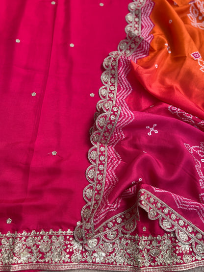 Dori work  Russian Silk suit with Bandhani print Dupatta