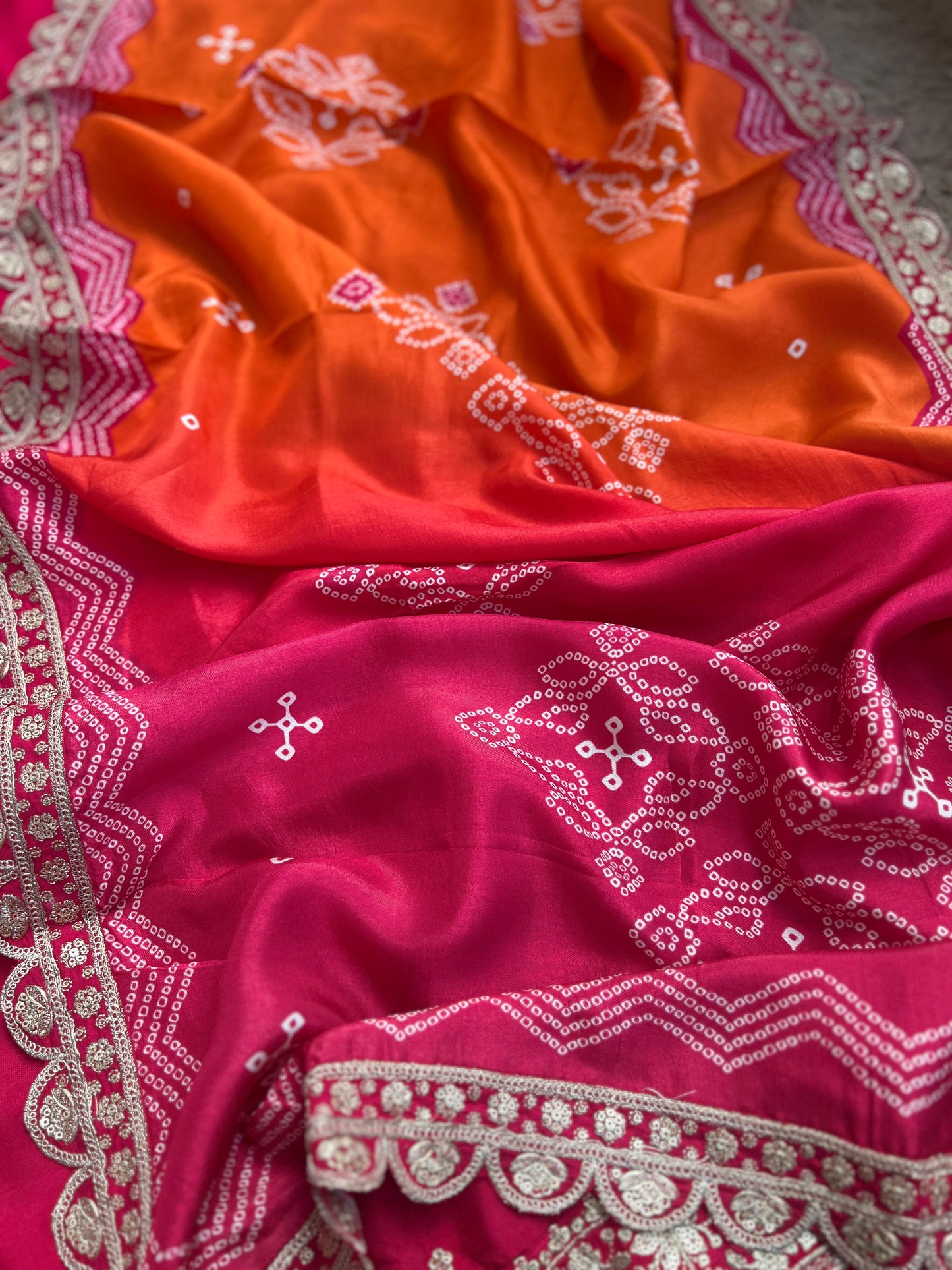 Dori work  Russian Silk suit with Bandhani print Dupatta