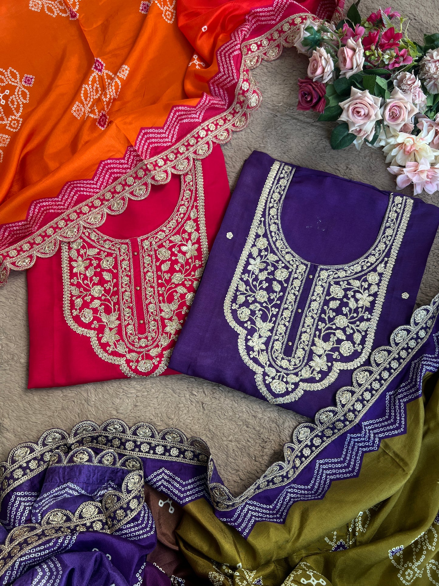 Dori work  Russian Silk suit with Bandhani print Dupatta