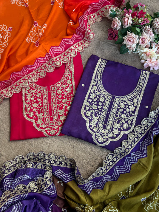 Dori work  Russian Silk suit with Bandhani print Dupatta