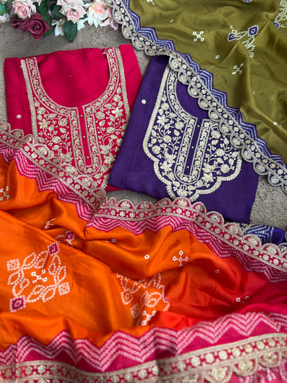 Dori work  Russian Silk suit with Bandhani print Dupatta