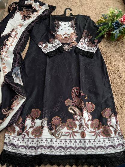 Black Karachi Print Maslin Suit with Dupatta – Timeless Ethnic Charm
