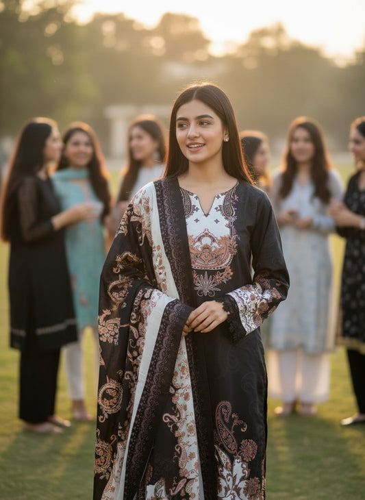 Black Karachi Print Maslin Suit with Dupatta – Timeless Ethnic Charm