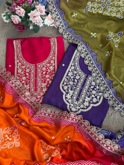 Dori work  Russian Silk suit with Bandhani print Dupatta