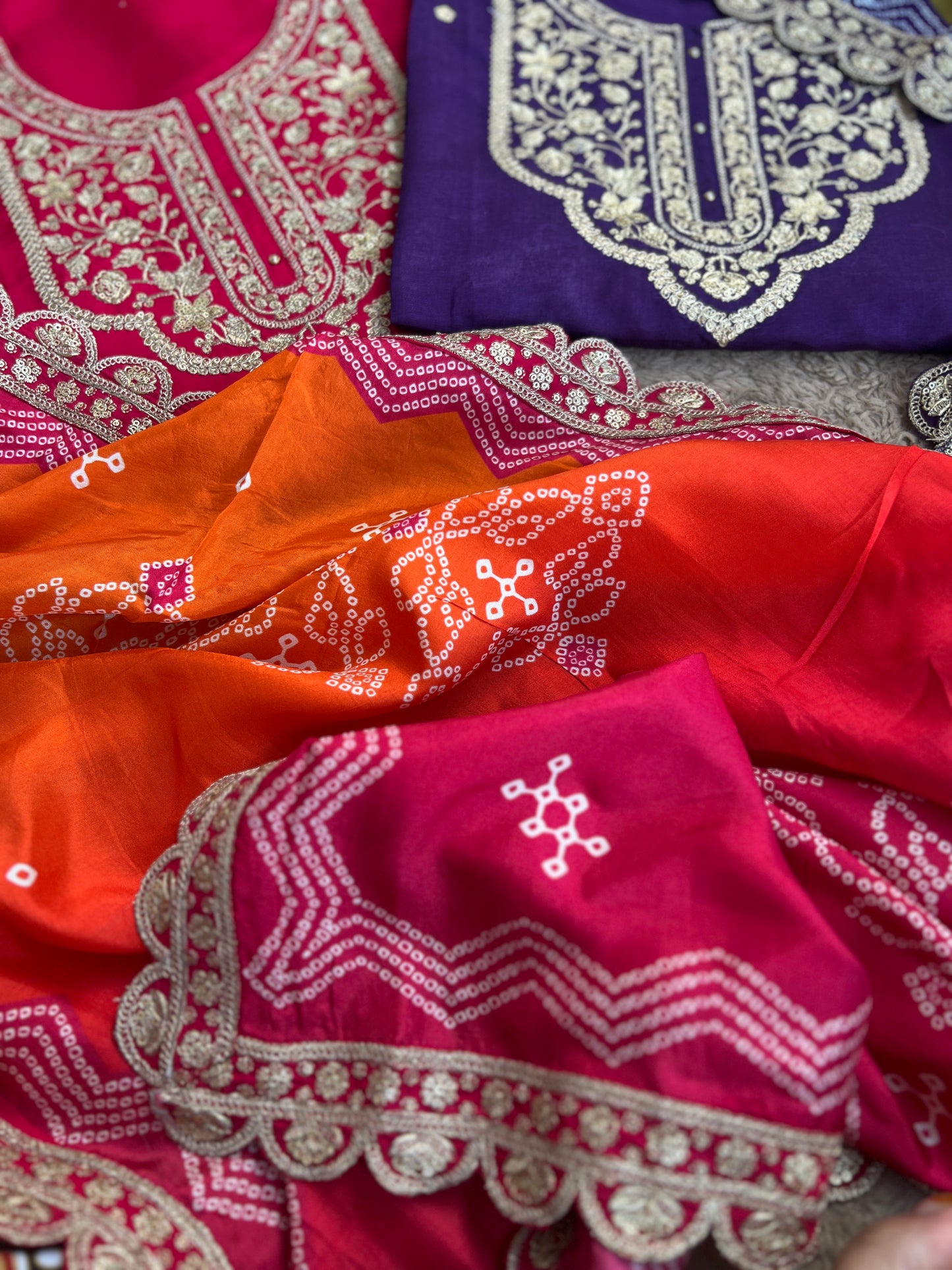 Dori work  Russian Silk suit with Bandhani print Dupatta