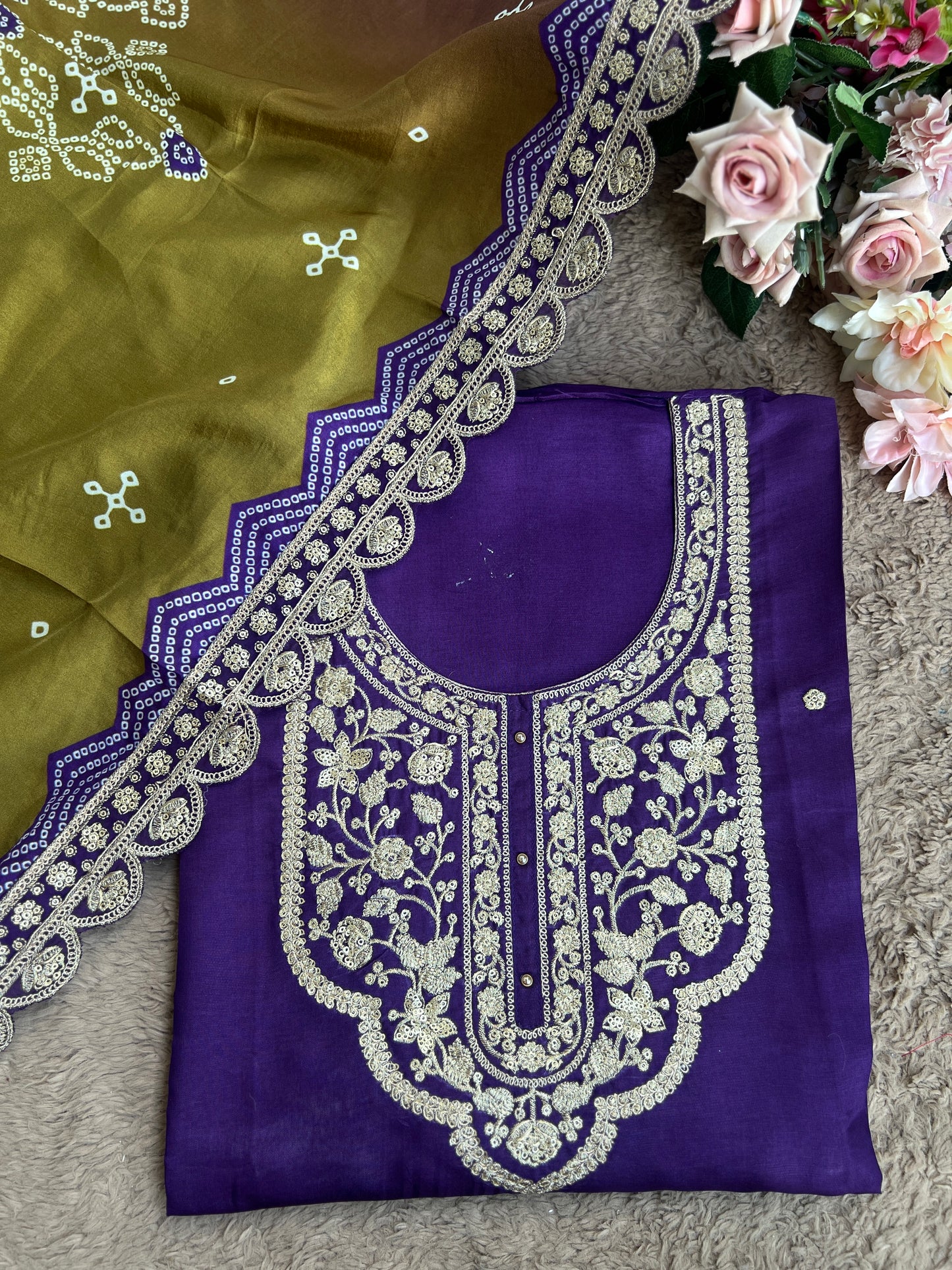 Dori work  Russian Silk suit with Bandhani print Dupatta